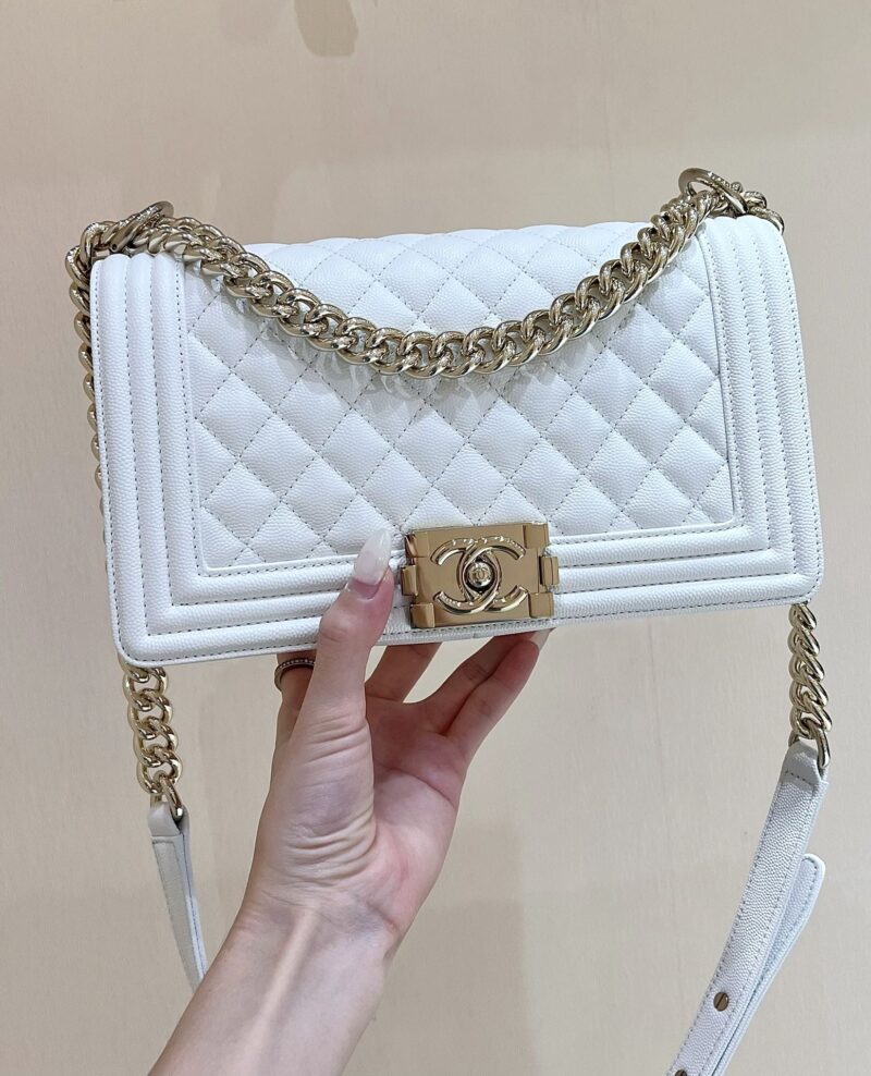 CHANEL haas荔枝牛皮Leboy 25CM A67086白色/香槟色五金