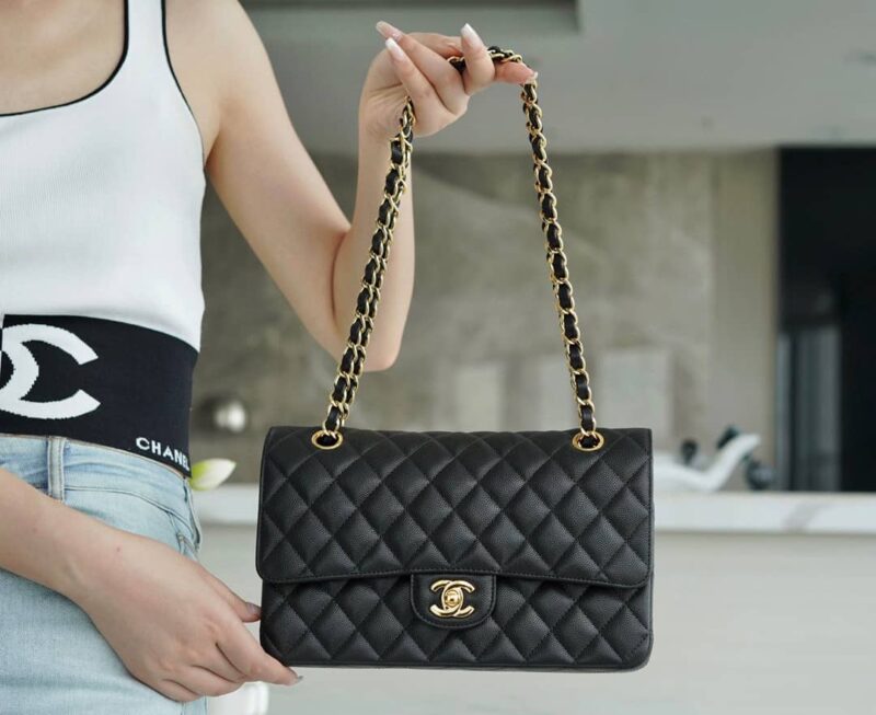 CHANEL CF Classic flap 25CM 进口皮细球纹口盖包 A01112黑色/金扣