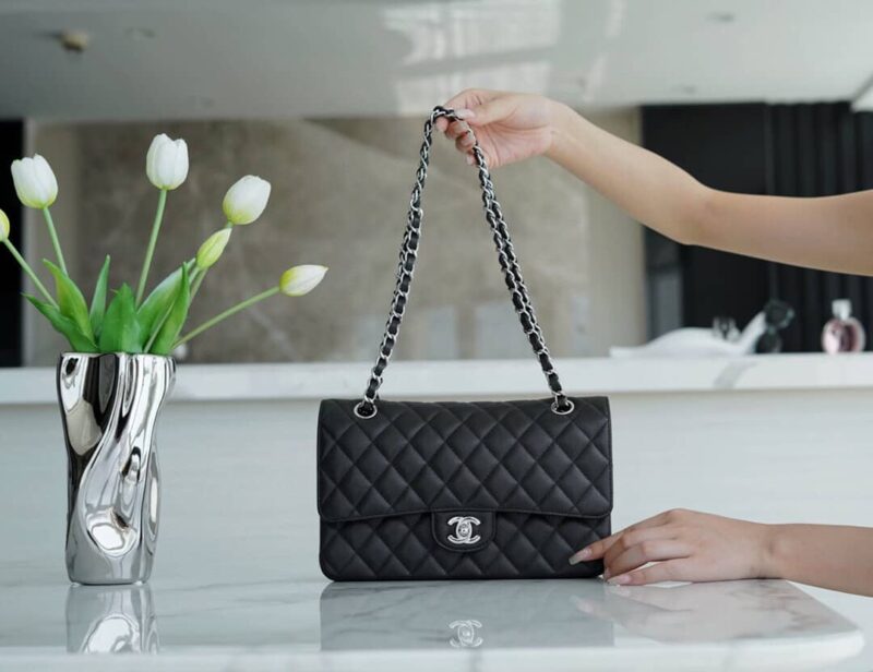 CHANEL CF Classic flap 25CM 进口皮细球纹口盖包 A01112黑色/银扣