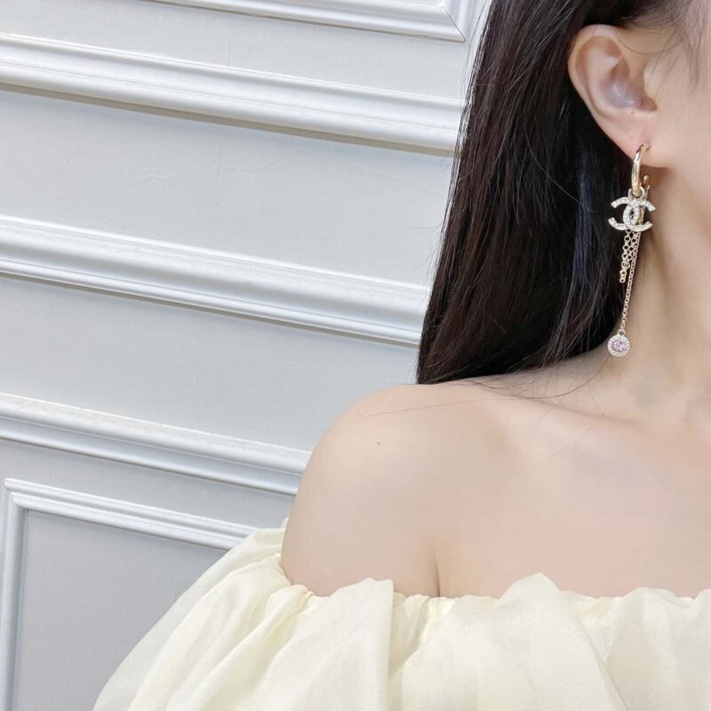 ☑️CHANEL香奈儿c2双c流苏粉钻圆形耳钉耳环 - Image 5