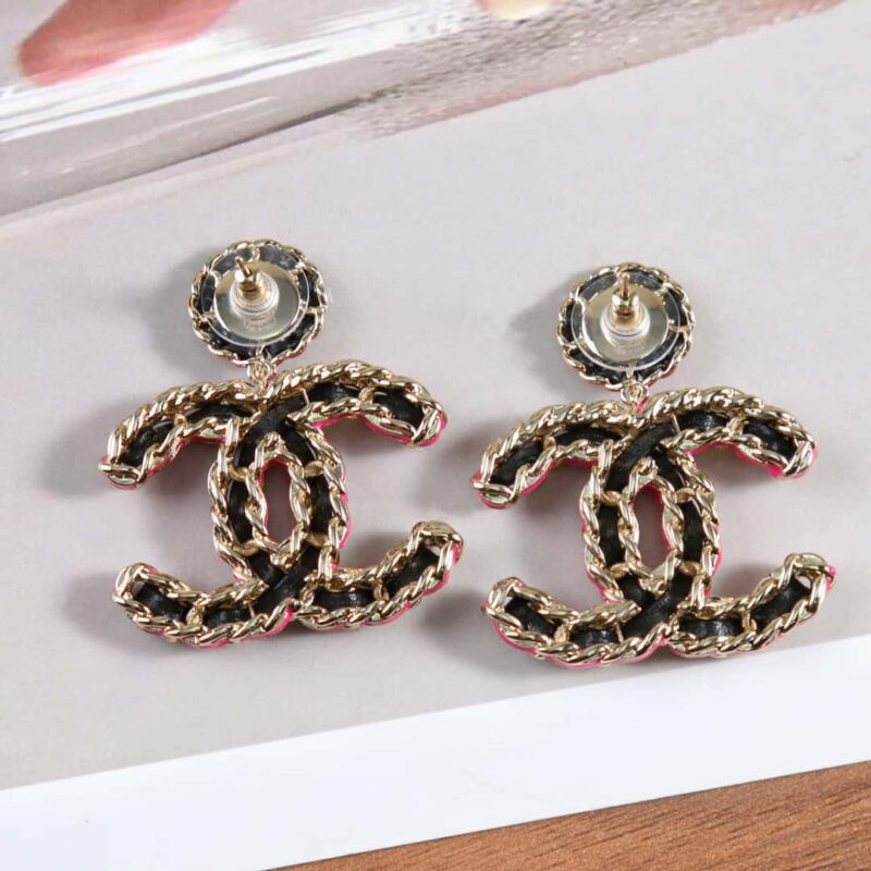 ☑️CHANEL香奈儿c2双c黑皮绳耳钉耳环