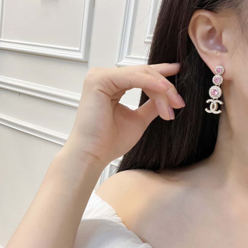 香奈儿C4双c圆形粉钻耳钉耳环 - Image 5