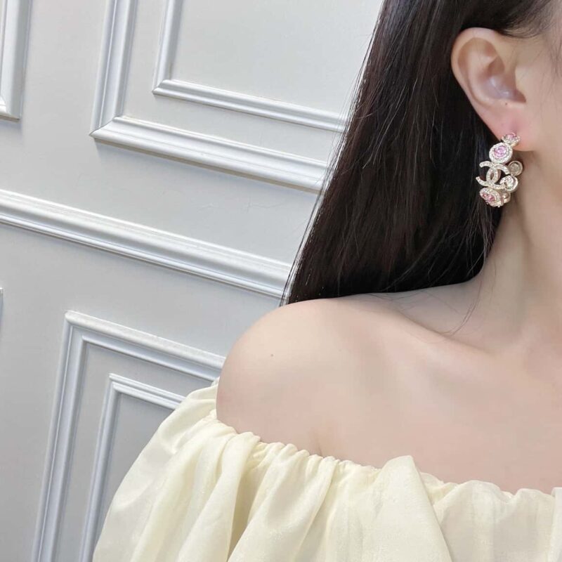 香奈儿C1双c半圆粉钻耳钉耳环 - Image 5