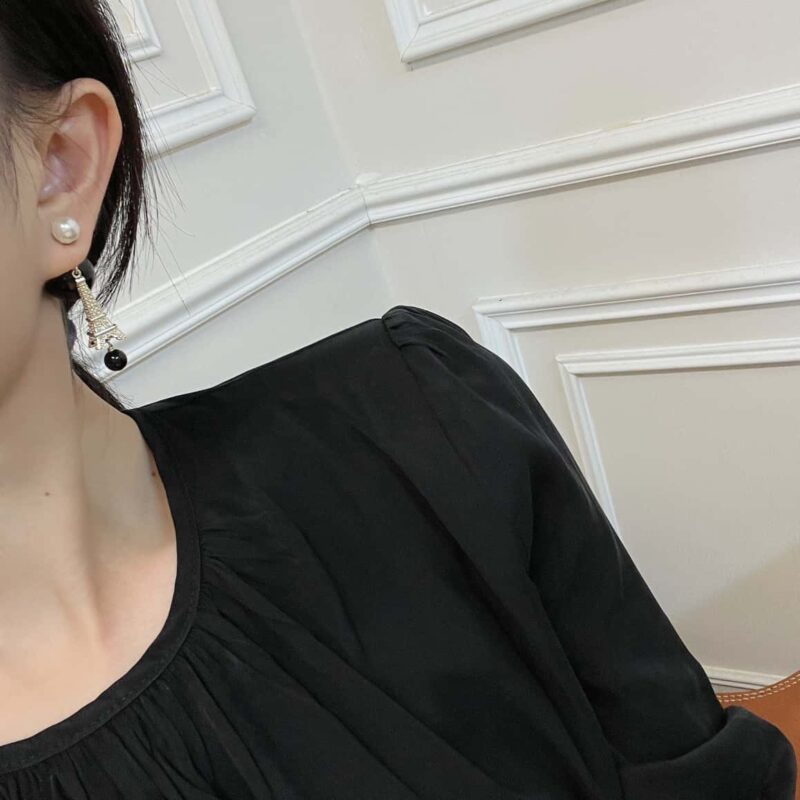 ☑️DIOR迪奥不对称黑色珍珠巴黎铁塔耳钉耳环 - Image 8