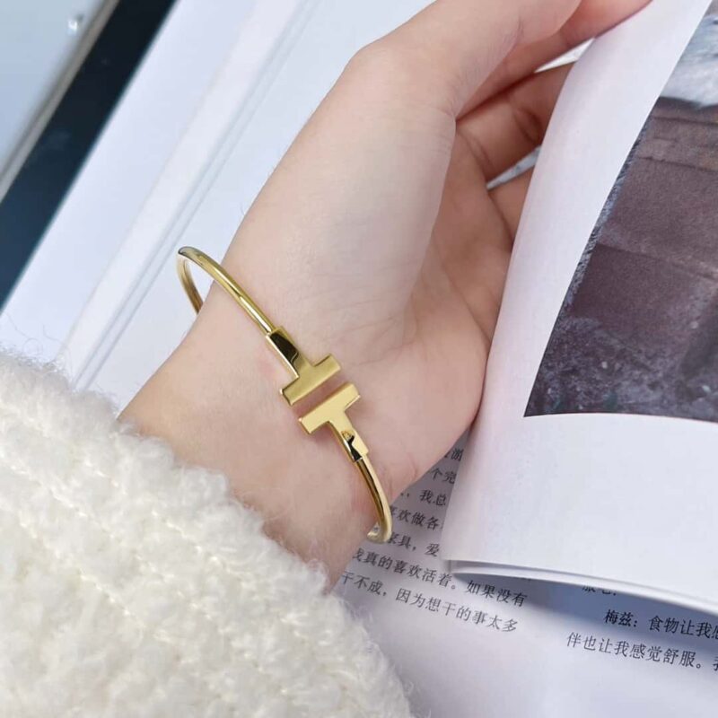 光面 ☀️Tiffany&co 蒂芙尼 经典款T字系列 光面银色玫瑰金双T手镯 ☀️ - Image 12