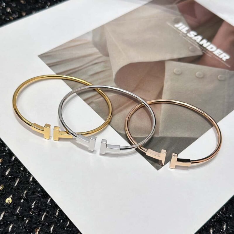 光面 ☀️Tiffany&co 蒂芙尼 经典款T字系列 光面银色玫瑰金双T手镯 ☀️ - Image 22
