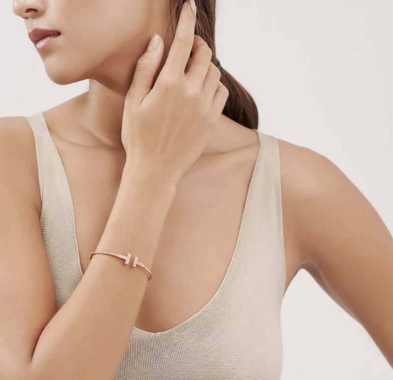带钻 ☀️Tiffany&co 蒂芙尼 经典款T字系列 带钻银色玫瑰金双T手镯 ☀️ - Image 3