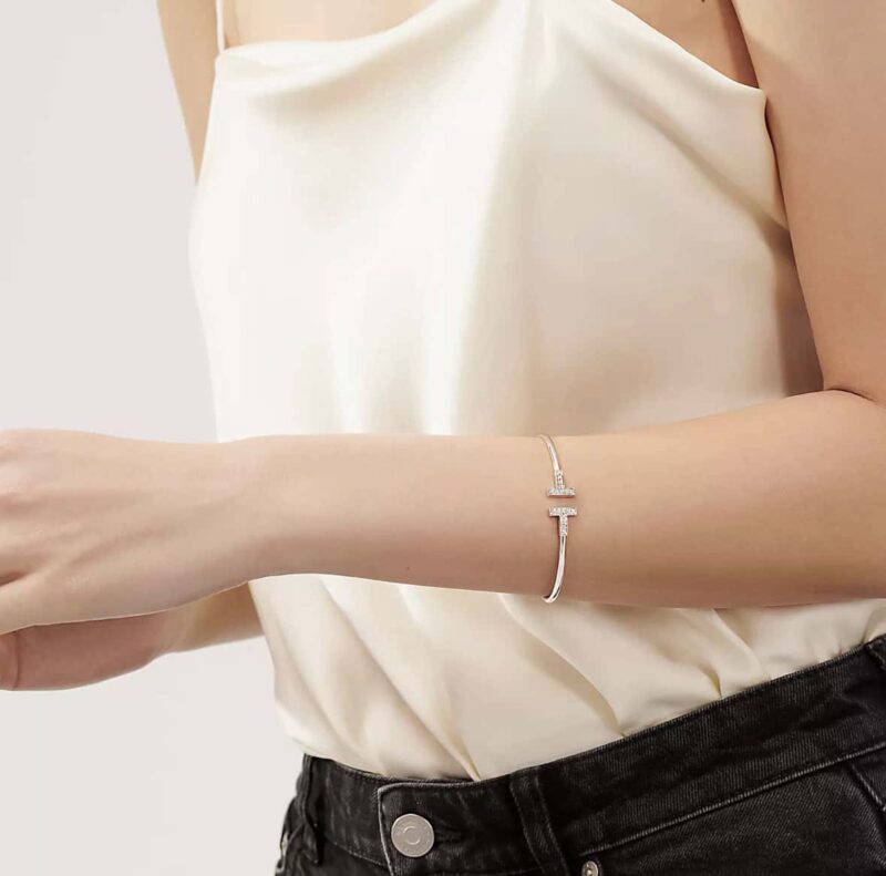 带钻 ☀️Tiffany&co 蒂芙尼 经典款T字系列 带钻银色玫瑰金双T手镯 ☀️ - Image 5