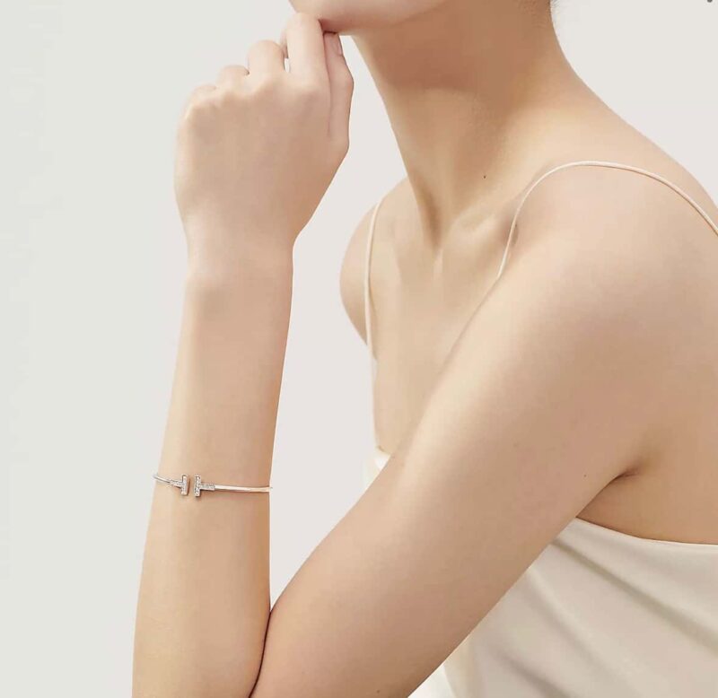 带钻 ☀️Tiffany&co 蒂芙尼 经典款T字系列 带钻银色玫瑰金双T手镯 ☀️ - Image 7