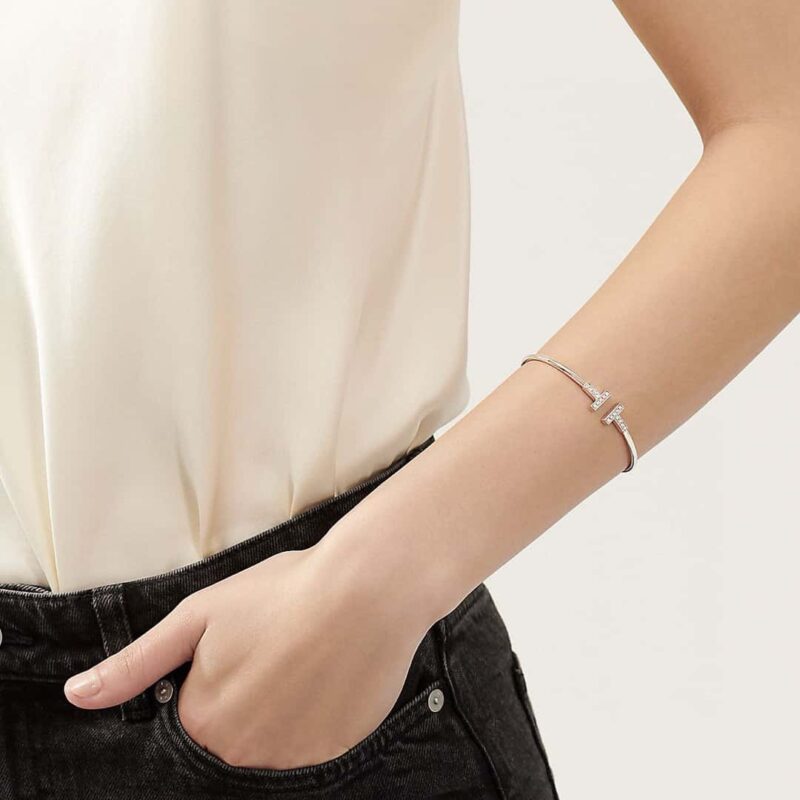 带钻 ☀️Tiffany&co 蒂芙尼 经典款T字系列 带钻银色玫瑰金双T手镯 ☀️ - Image 19