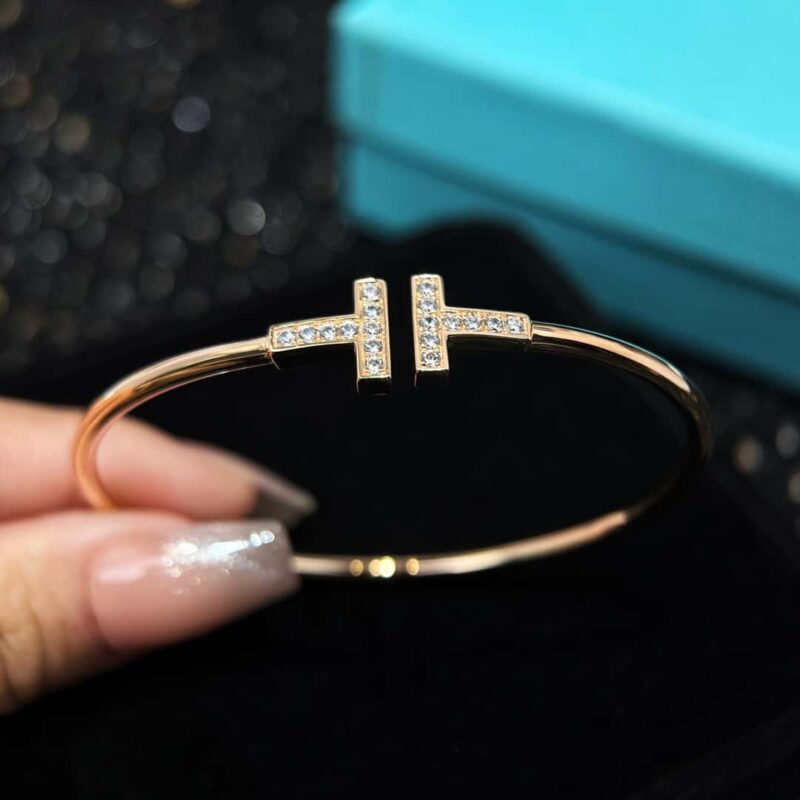 带钻 ☀️Tiffany&co 蒂芙尼 经典款T字系列 带钻银色玫瑰金双T手镯 ☀️ - Image 24