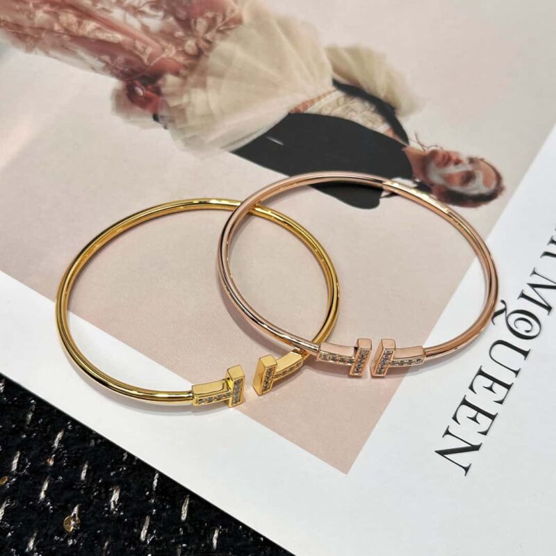 带钻 ☀️Tiffany&co 蒂芙尼 经典款T字系列 带钻银色玫瑰金双T手镯 ☀️ - Image 26