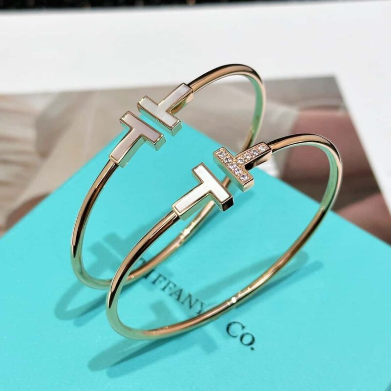 双白贝款 白贝带钻款☀️原单货 ☀️Tiffany&co 蒂芙尼 经典款T字系列 白贝带钻银色玫瑰金双T手镯 ☀️ - Image 19