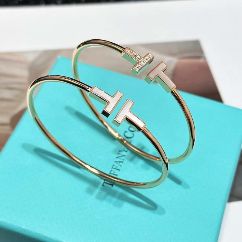 双白贝款 白贝带钻款☀️原单货 ☀️Tiffany&co 蒂芙尼 经典款T字系列 白贝带钻银色玫瑰金双T手镯 ☀️ - Image 21