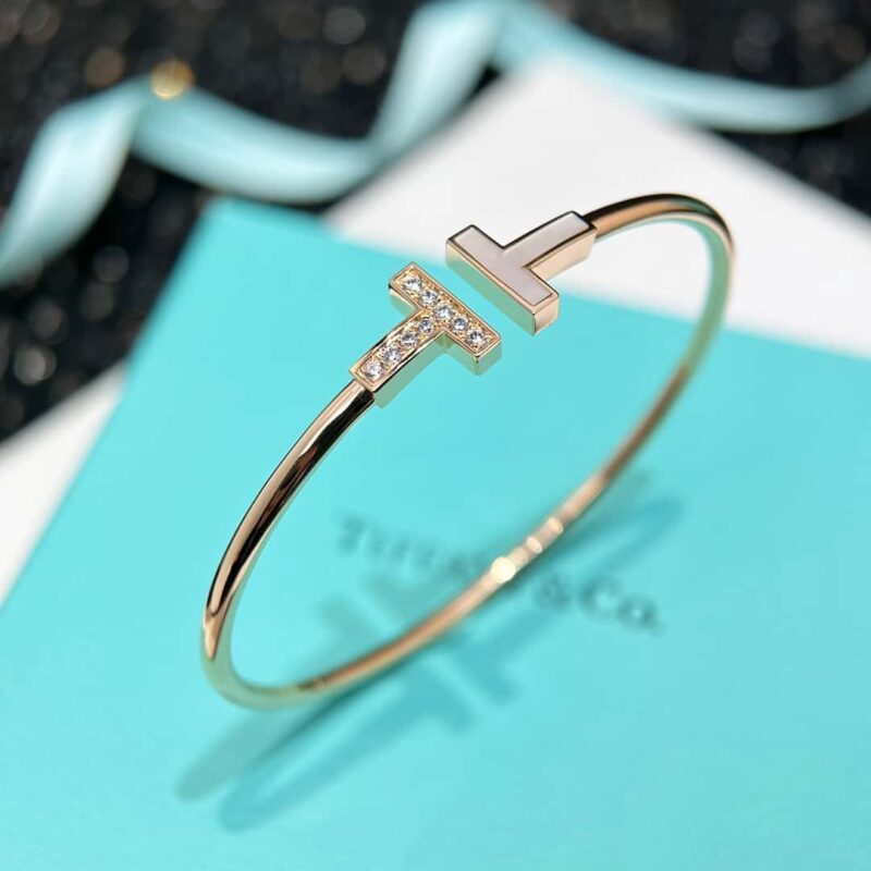 双白贝款 白贝带钻款☀️原单货 ☀️Tiffany&co 蒂芙尼 经典款T字系列 白贝带钻银色玫瑰金双T手镯 ☀️ - Image 22