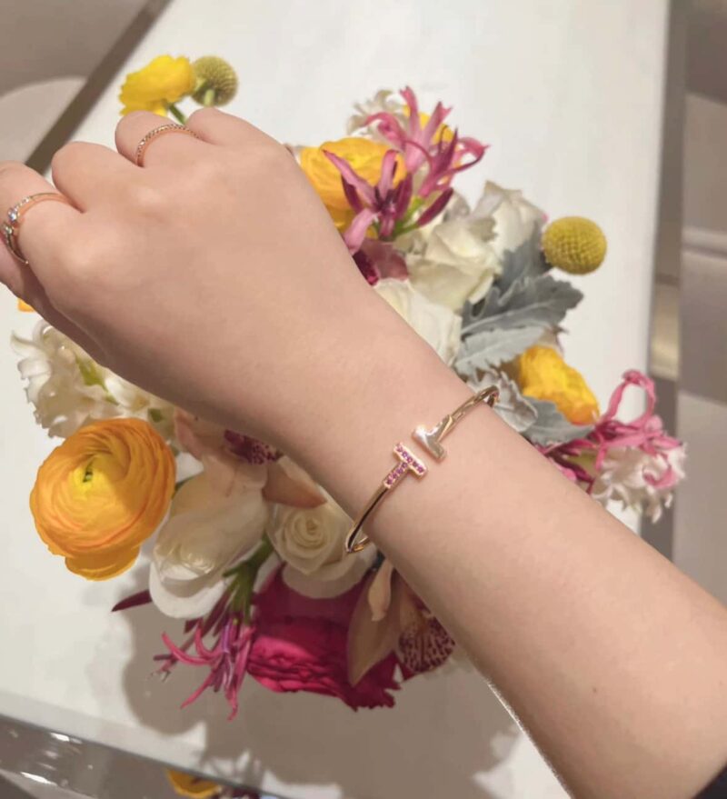 粉钻款☀️Tiffany&co 蒂芙尼 经典款T字系列 绿松石带钻玫瑰金双T手镯 ☀️ - Image 4