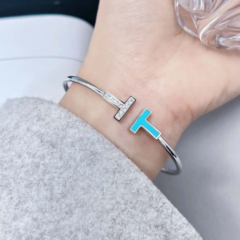 ☀️绿松石款☀️Tiffany&co 蒂芙尼 经典款T字系列 绿松石带钻银色双T手镯 ☀️ - Image 4