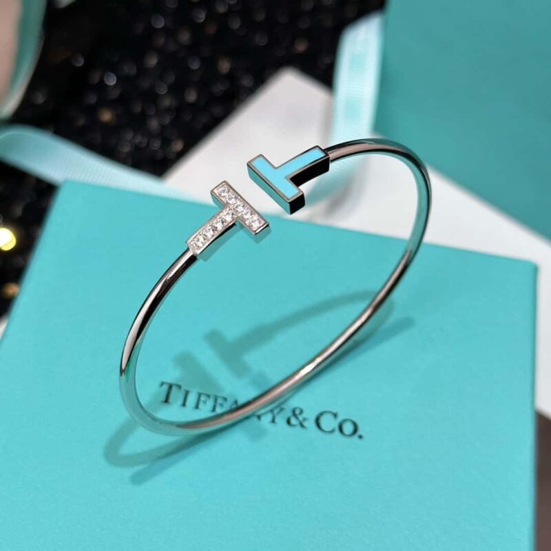 ☀️绿松石款☀️Tiffany&co 蒂芙尼 经典款T字系列 绿松石带钻银色双T手镯 ☀️ - Image 11