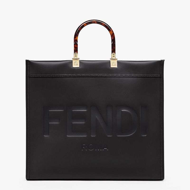 Fendi 大号 Sunshine 购物包，采用 ROMA 徽标小牛皮，黑色