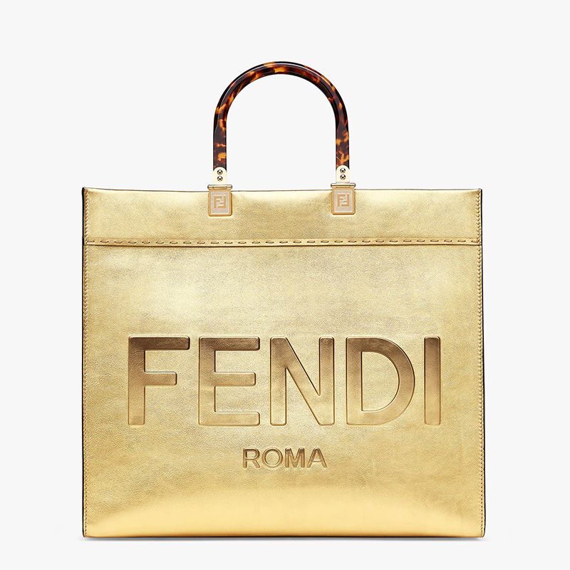 Fendi 中号 Sunshine 购物袋，采用 ROMA 徽标小牛皮，金色