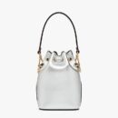 Fendi Mini Mon Tresor 水桶包，采用 ROMA 徽标小牛皮，银色