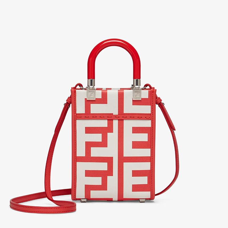 Fendi Mini Sunshine 购物袋，Fendi Roma Capsule 皮革，红色/白色