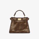 Fendi Mini Mon Tresor 水桶包，采用 FF 图案小牛皮，棕色/黑色