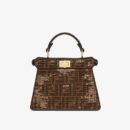 Fendi Mini Mon Tresor 水桶包，采用 FF 图案小牛皮，棕色/黑色