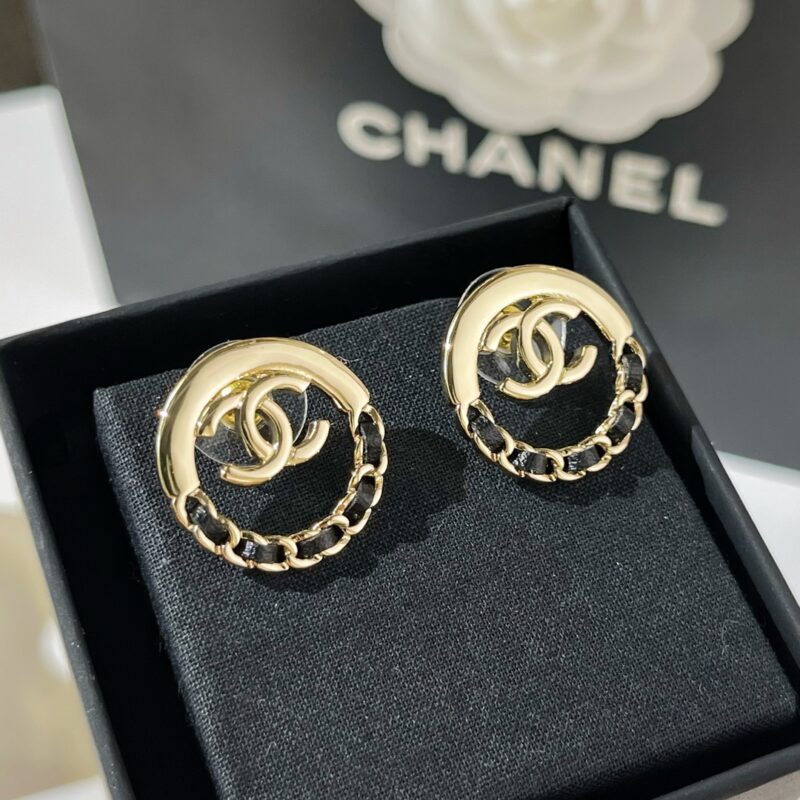 ☑️CHANEL香奈儿双c黑皮绳耳钉耳环 - Image 4