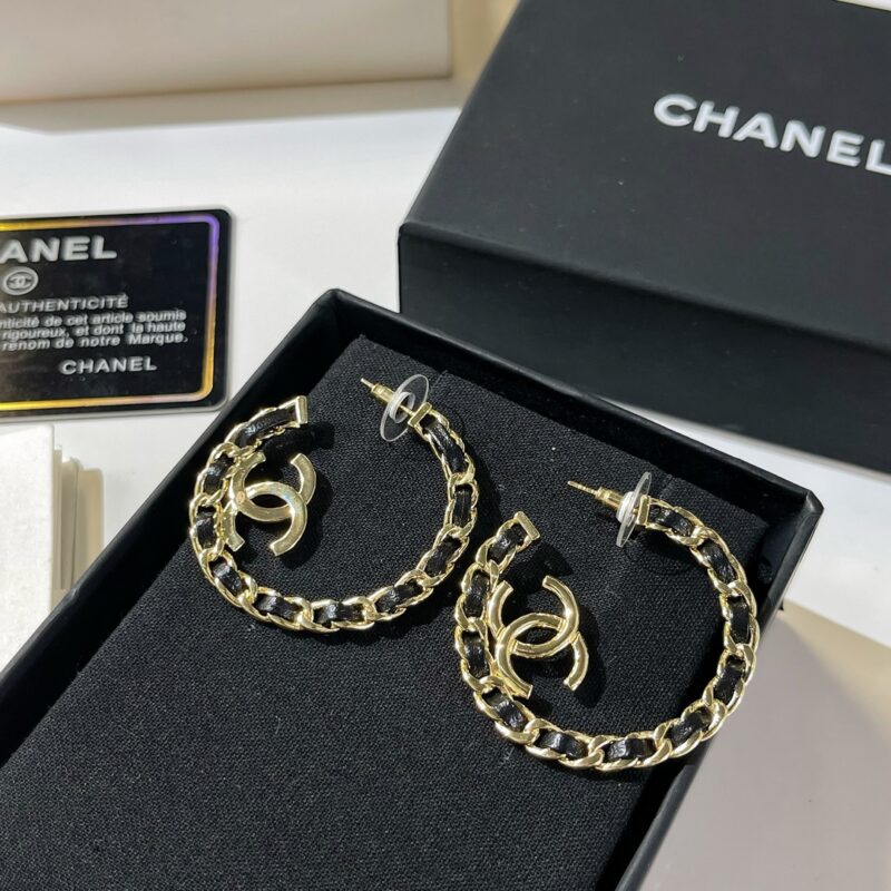 ☑️CHANEL香奈儿双c黑皮绳耳钉耳环 - Image 6
