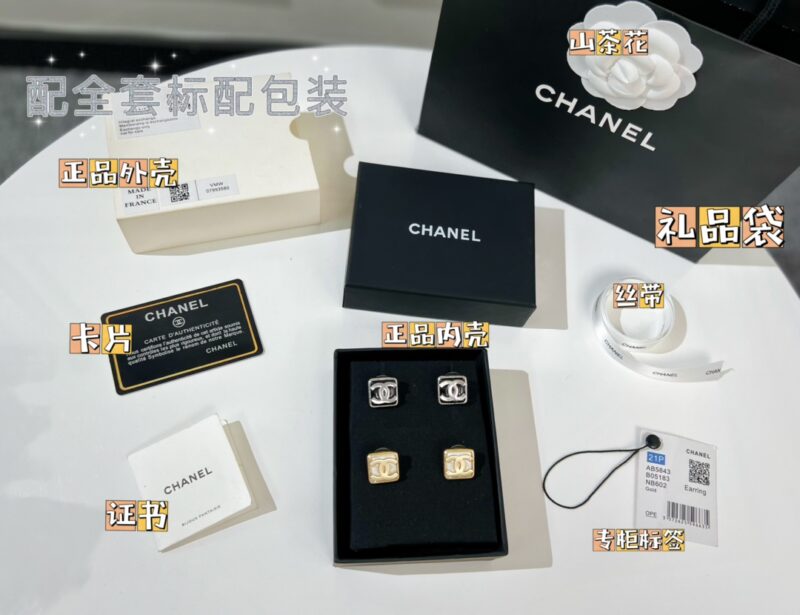 ☑️CHANEL香奈儿双c方形黑白耳钉耳环 - Image 5