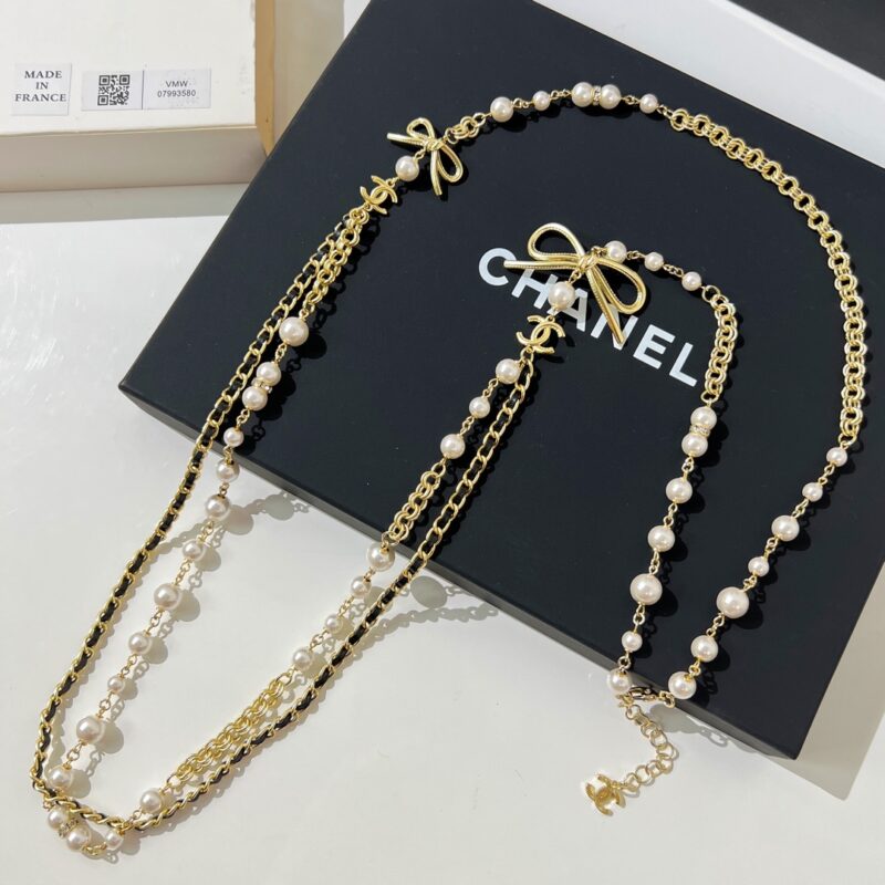 ☑️CHANEL香奈儿双c 黑皮绳蝴蝶结毛衣链项链 - Image 6