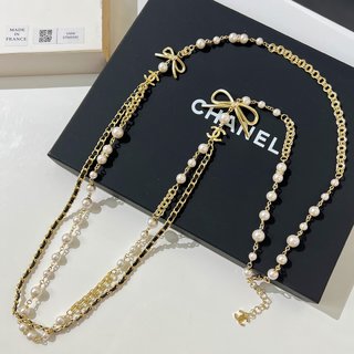 ☑️CHANEL香奈儿双c 黑皮绳蝴蝶结毛衣链项链