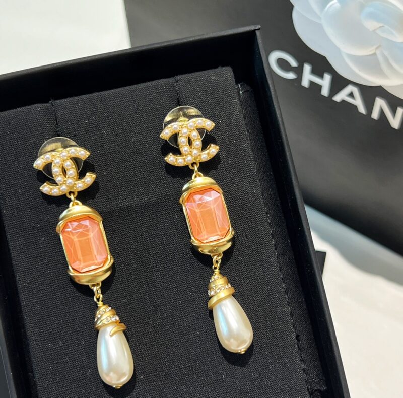 ☑️CHANEL香奈儿c3双c 粉色方钻珍珠耳钉耳环 - Image 9
