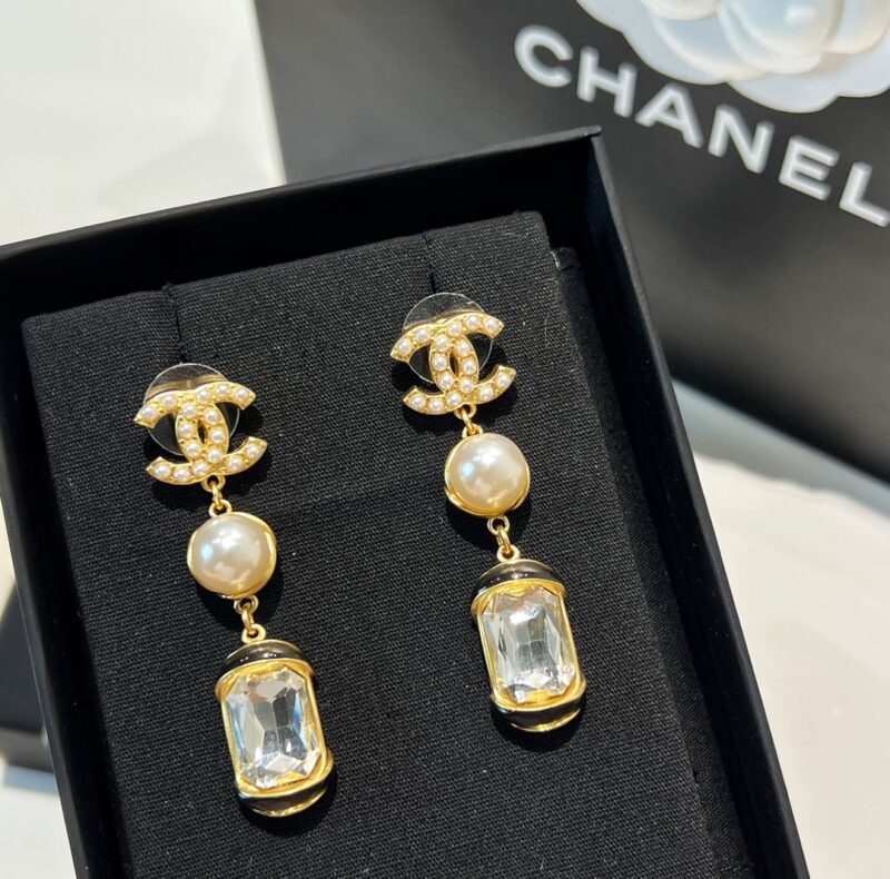 ☑️CHANEL香奈儿c3双c 方钻珍珠耳钉耳环 - Image 4