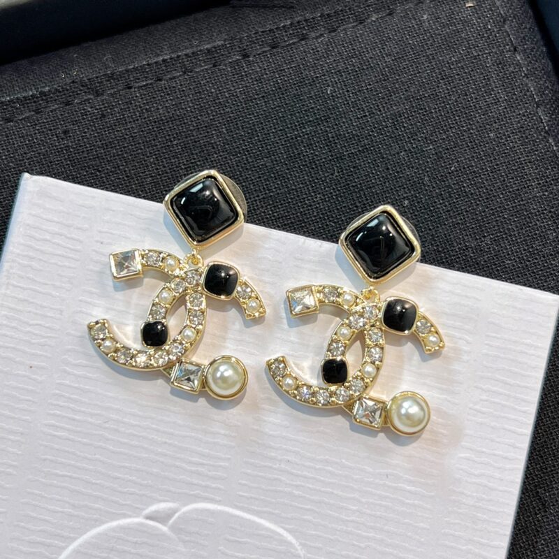 ☑️CHANEL香奈儿c2双c 黑色菱形珍珠耳钉耳环 - Image 9