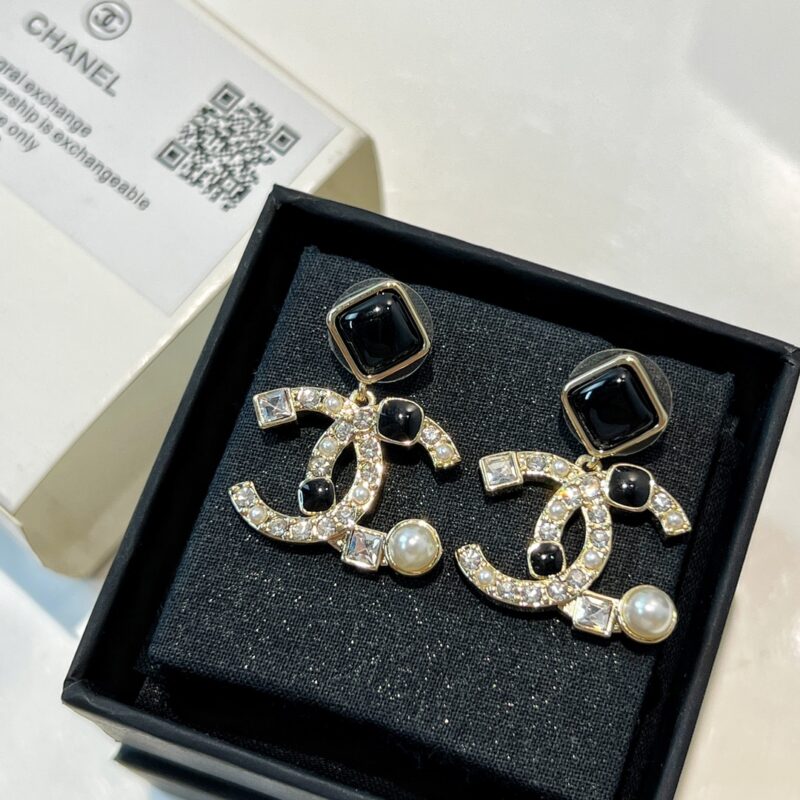 ☑️CHANEL香奈儿c2双c 黑色菱形珍珠耳钉耳环 - Image 7