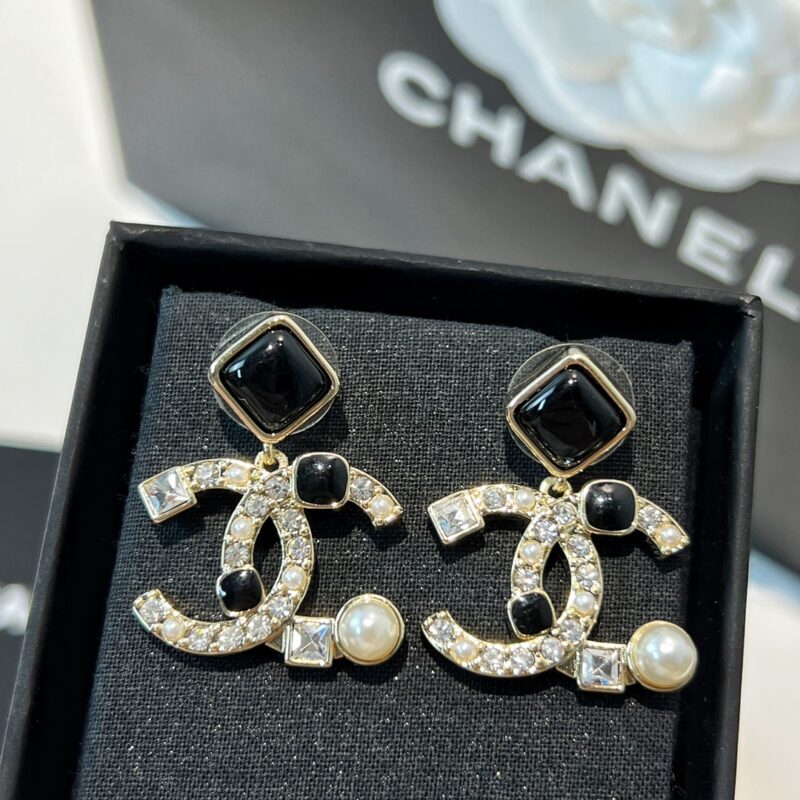 ☑️CHANEL香奈儿c2双c 黑色菱形珍珠耳钉耳环 - Image 6