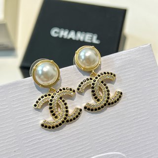 ☑️CHANEL香奈儿c2双c 珍珠黑钻耳钉耳环