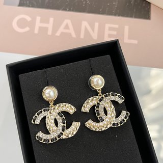 ☑️CHANEL香奈儿c2双c黑皮绳珍珠耳钉耳环