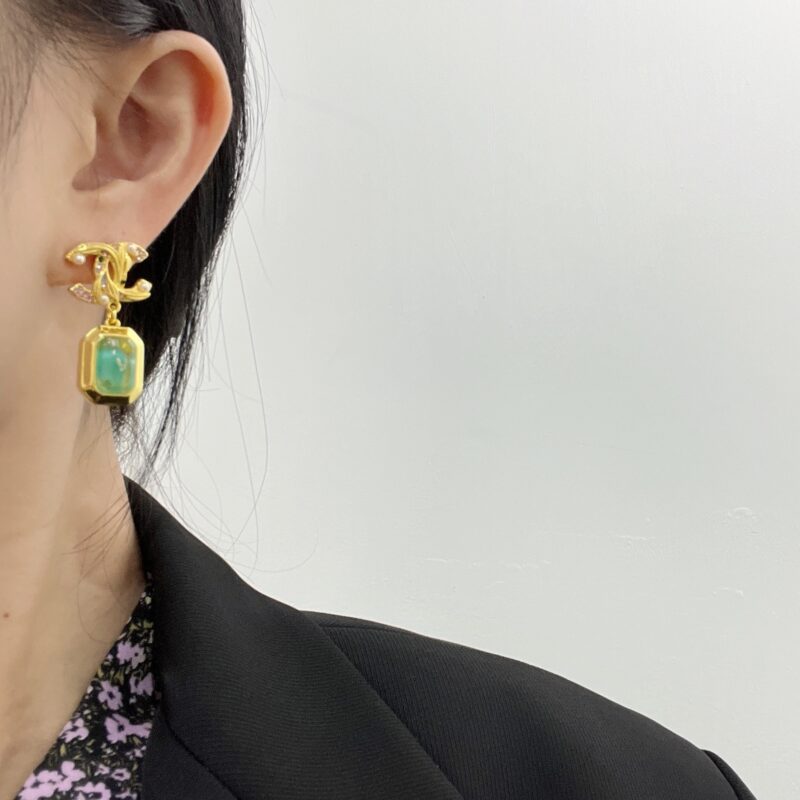 ☑️CHANEL香奈儿c2双c绿方形耳钉耳环 - Image 7
