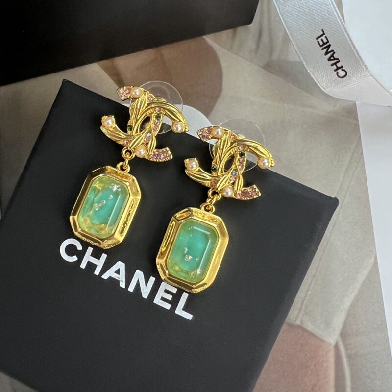 ☑️CHANEL香奈儿c2双c绿方形耳钉耳环 - Image 6