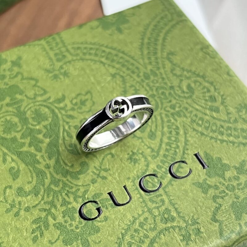 Gucci古驰情侣款宽版窄版双G黑珐琅戒指 - Image 4
