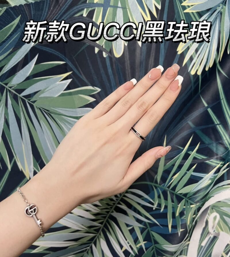 Gucci古驰情侣款宽版窄版双G黑珐琅戒指 - Image 7