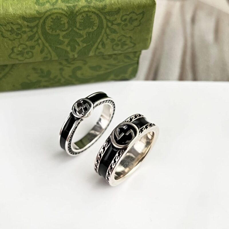 Gucci古驰情侣款宽版窄版双G黑珐琅戒指 - Image 8