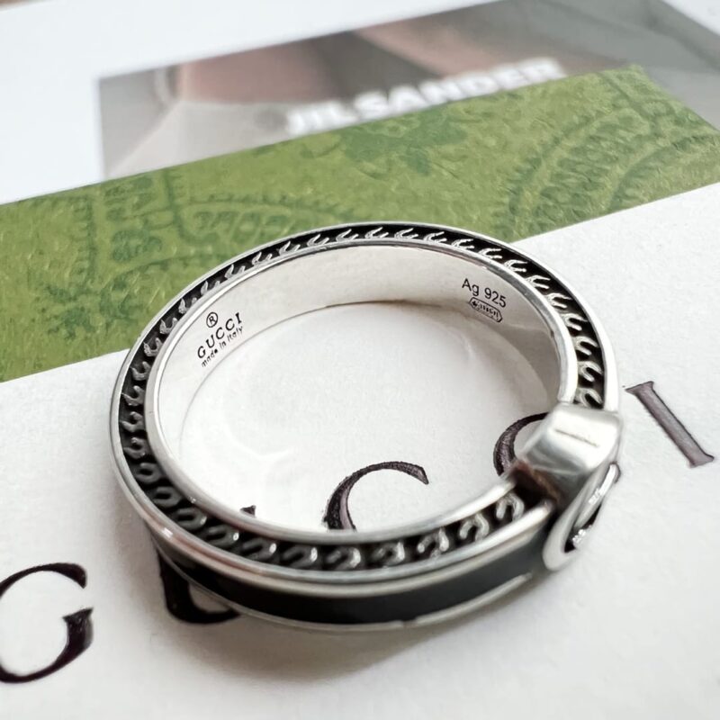 Gucci古驰情侣款宽版窄版双G黑珐琅戒指 - Image 11