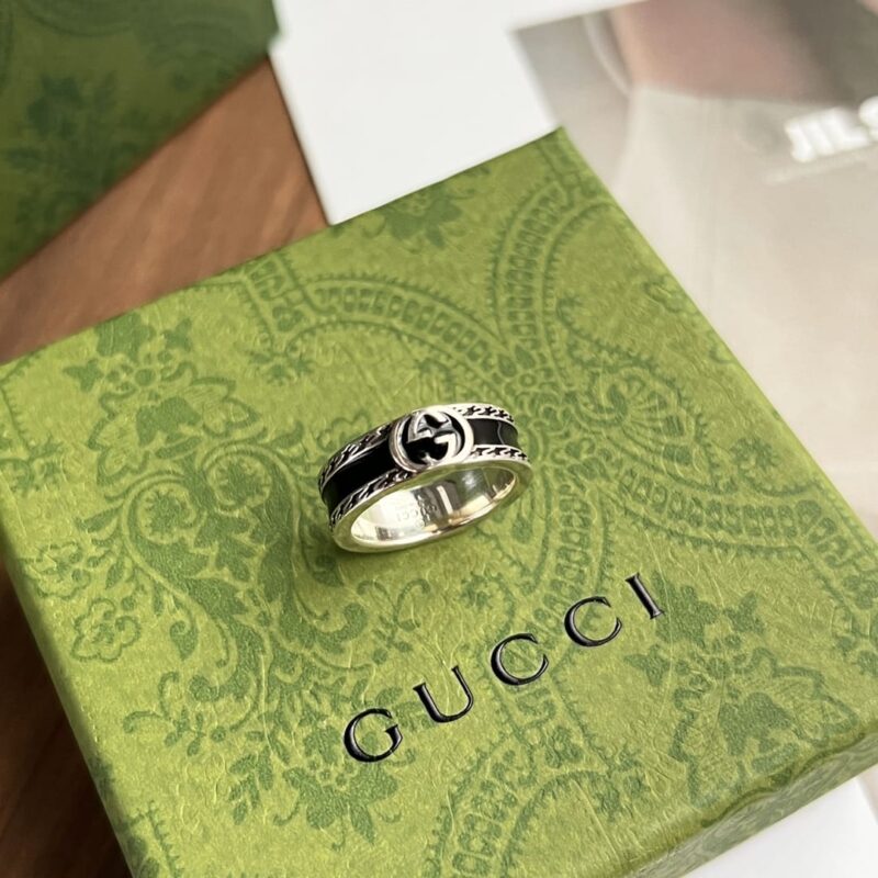 Gucci古驰情侣款宽版窄版双G黑珐琅戒指 - Image 13