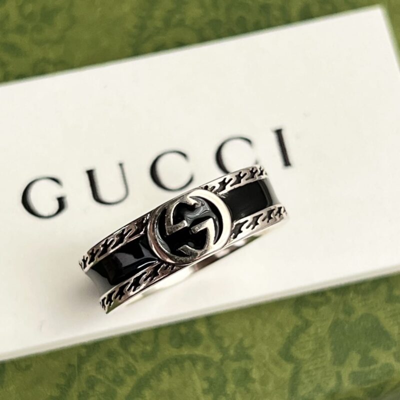 Gucci古驰情侣款宽版窄版双G黑珐琅戒指 - Image 14
