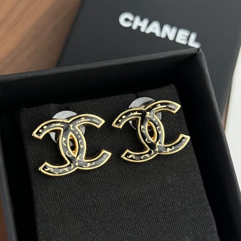 ☑️CHANEL香奈儿c1双c白色波浪黑色金边耳钉耳环 - Image 8