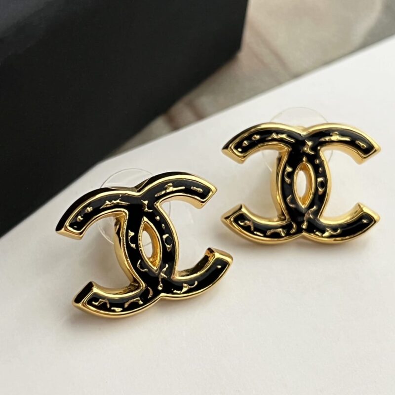☑️CHANEL香奈儿c1双c白色波浪黑色金边耳钉耳环 - Image 12
